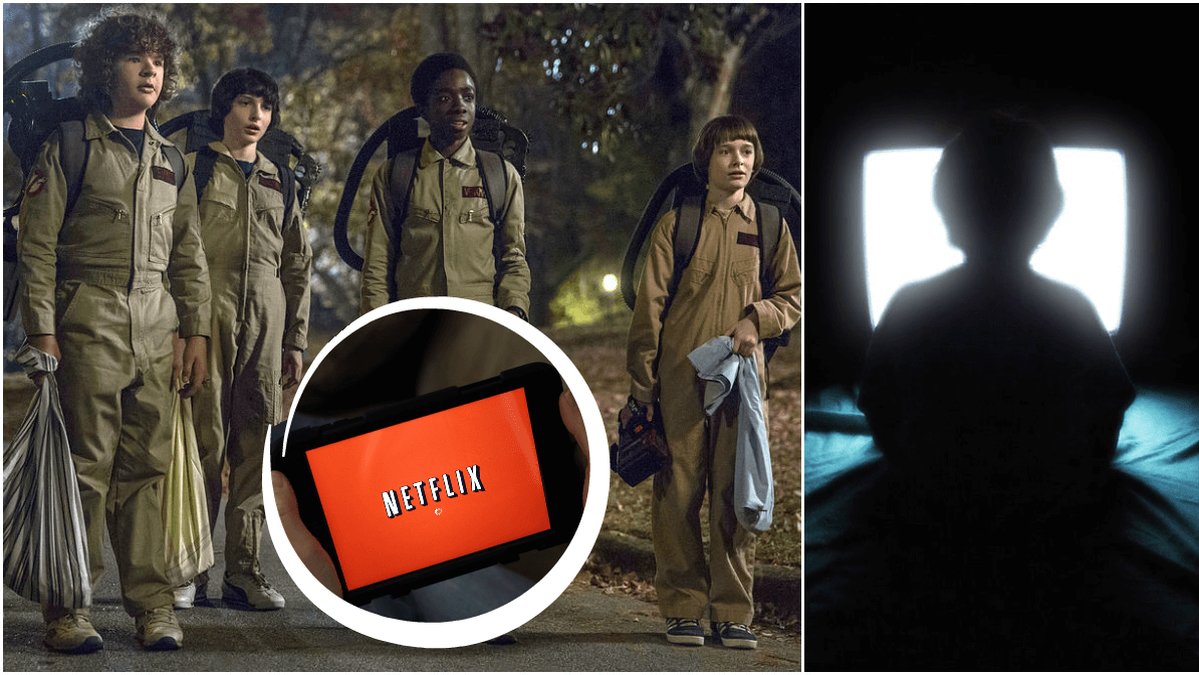 Karaktärerna ur tv-serien Stranger things på Netflix samt en silhuett av ett barn som ser på tv.