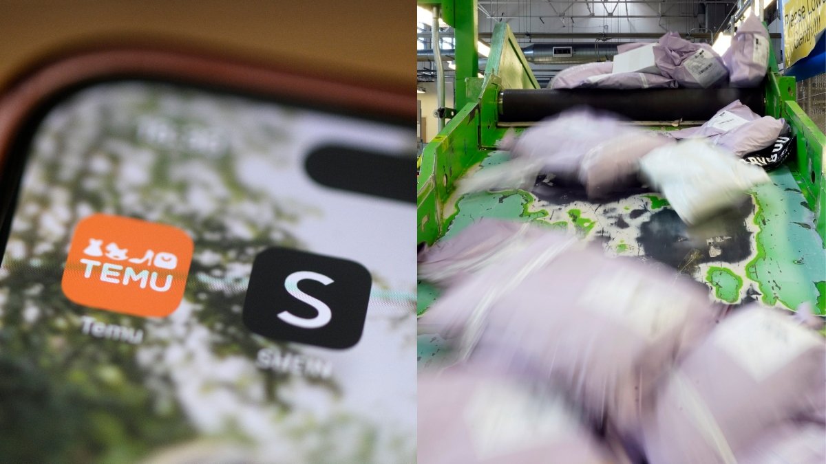 Temu och Shein på mobil och paket som skickas.