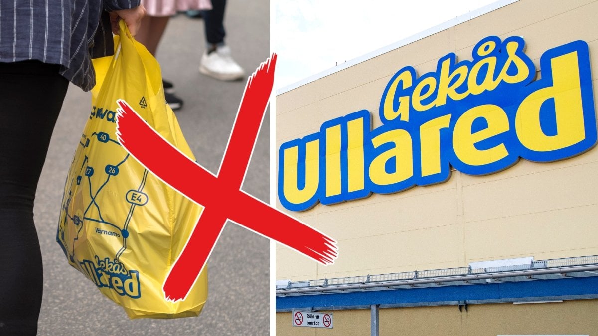 Bild på Gekås Ullareds entré och en platspåse från varuhuset.