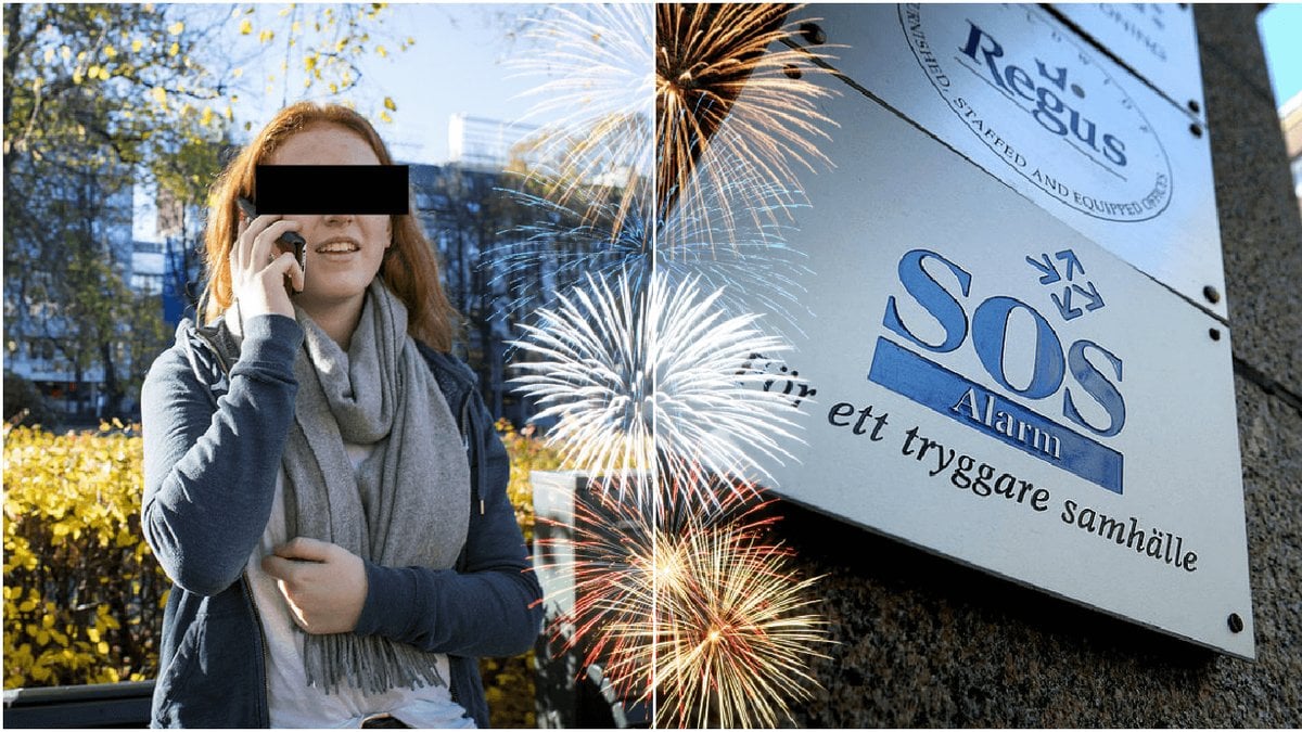 Anonym kvinna i telefon och en skylt på SOS Alarm.