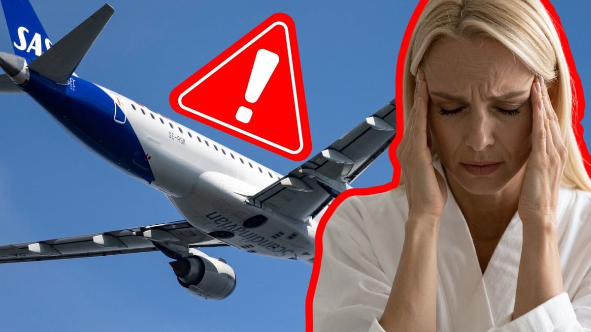 Plan i bakgrunden. Varningskylt till vänster. Utklippt kvinna med huvudvärk som har händerna vid tinningarna till höger. 