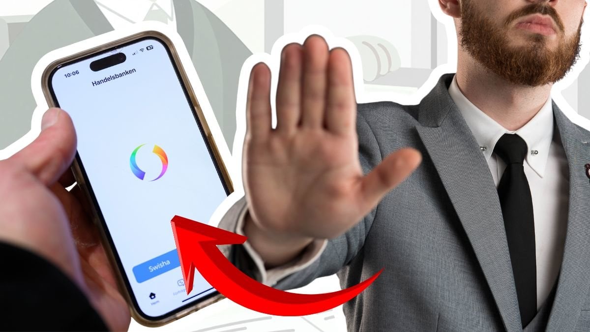 Swish på en telefon vänster. En man i kavajen håller fram handen i en stopp-rörelse höger. Röd pil pekar på telefonen.