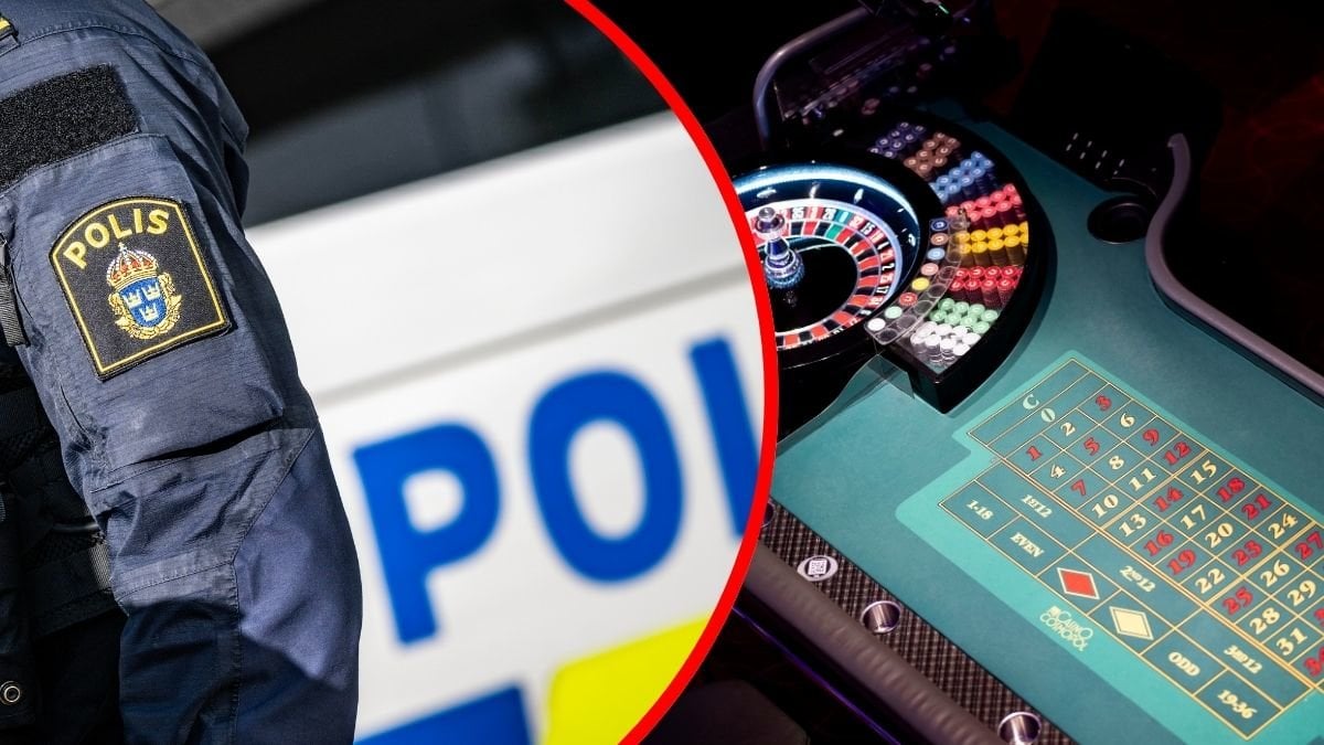 Polis framför en polisbil vänster. Casinobord höger.