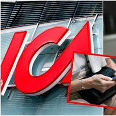 Ica-skylt, en kvinna som sms:ar och en olycklig man.