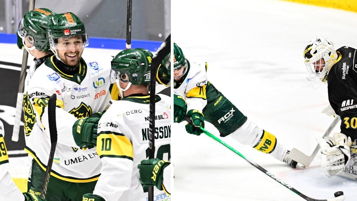 Björklöven firar en vinst vänster. En spelare frå Björklöven och en från Karlskoga på isen höger.