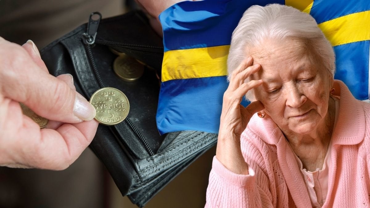 Mynt i en plånbok, svenska flaggan och en ledsen kvinna.