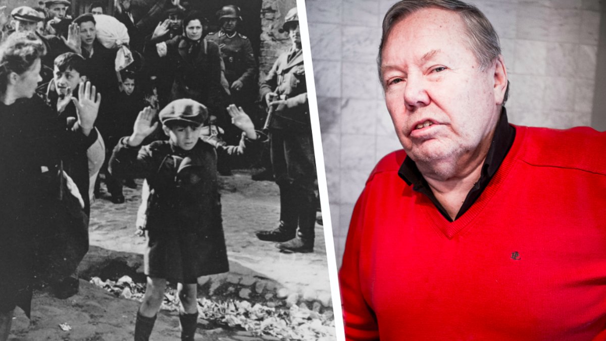 En pojke håller upp sina händer i Warszawas ghetto. Till höger Bert Karlsson. Kollage. 