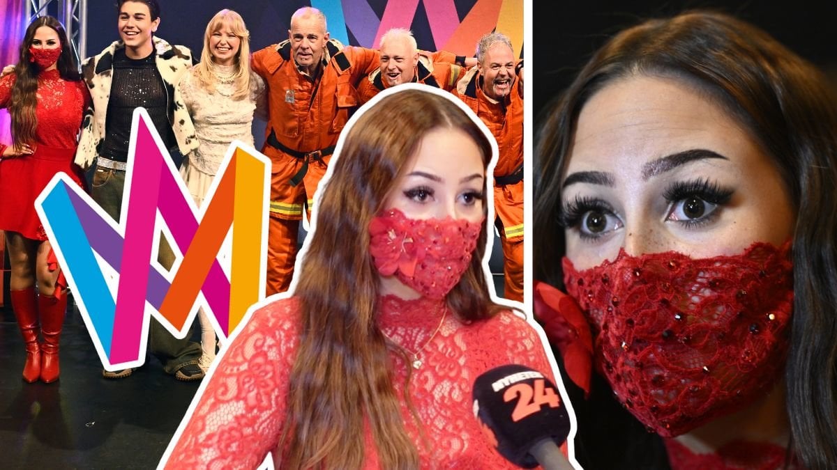 Felicia, före detta Fröken Snusk, iklädd rödglittrigt munskydd, och en gruppbild på de artister som tävlar i deltävling 2 i Melodifestivalen 2026