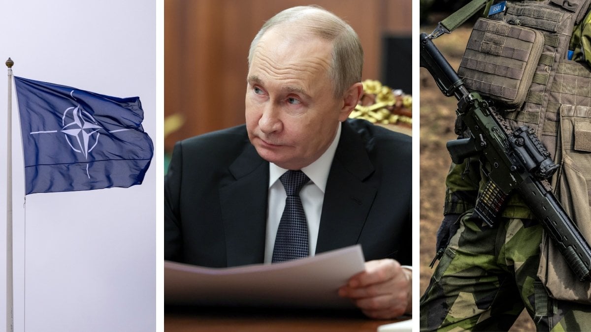 Bilden till vänster visar en Nato-flagga. Bilden i mitten visar Rysslands president Vladimir Putin. Bilden till höger visar utrustningen på en Nato-soldat.