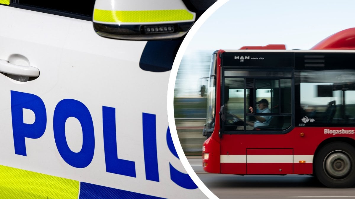 Polisbil vänster. SL buss höger.