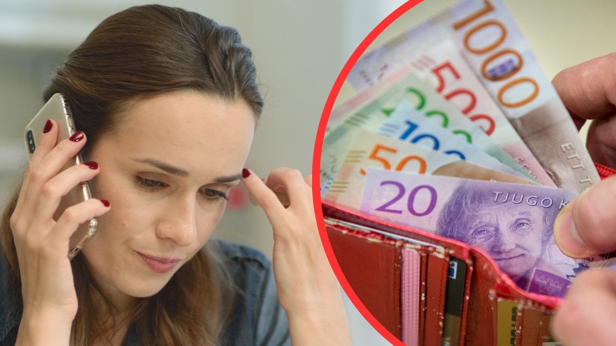 Kvinna med mobil, plånbok