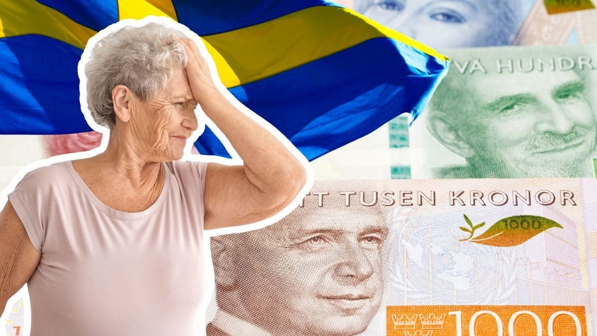 Pengar i olika valörer, en svensk flagga och en äldre kvinna med handen i pannan.