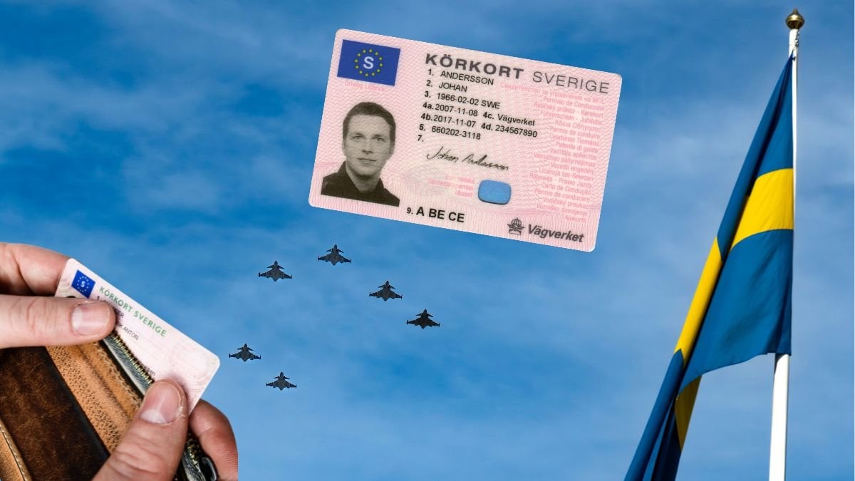Körkort och svenska flaggan, samt militärflygplan.