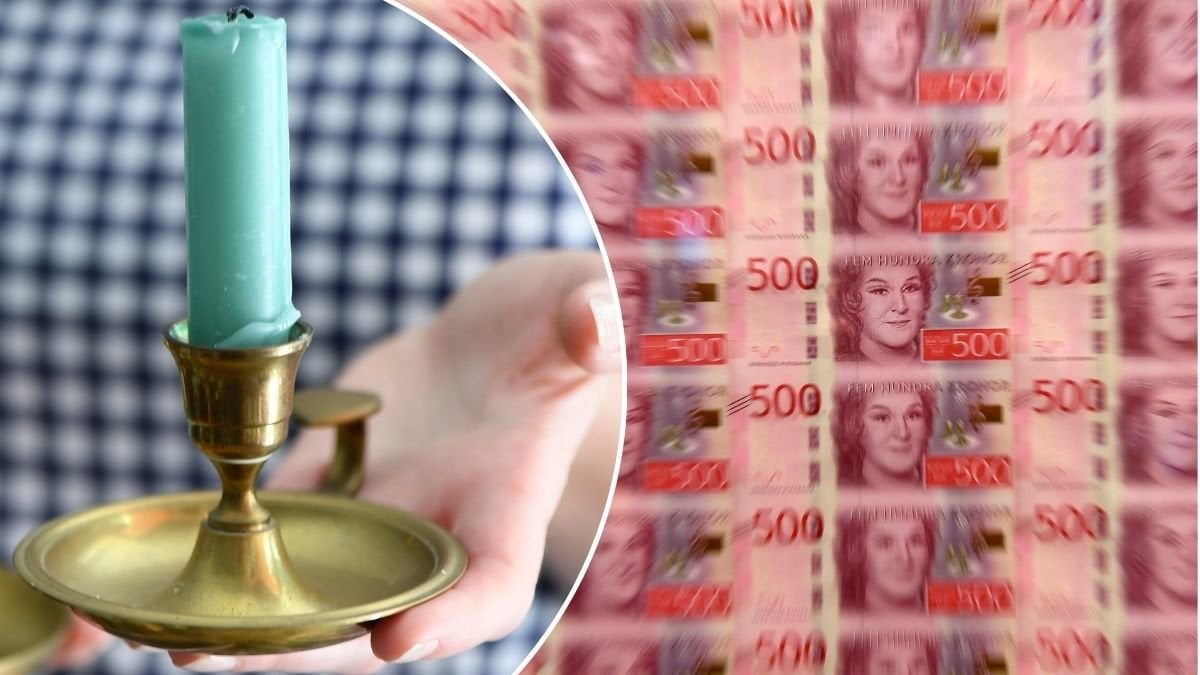 Bilder på nya sedlar och en ljusstake.