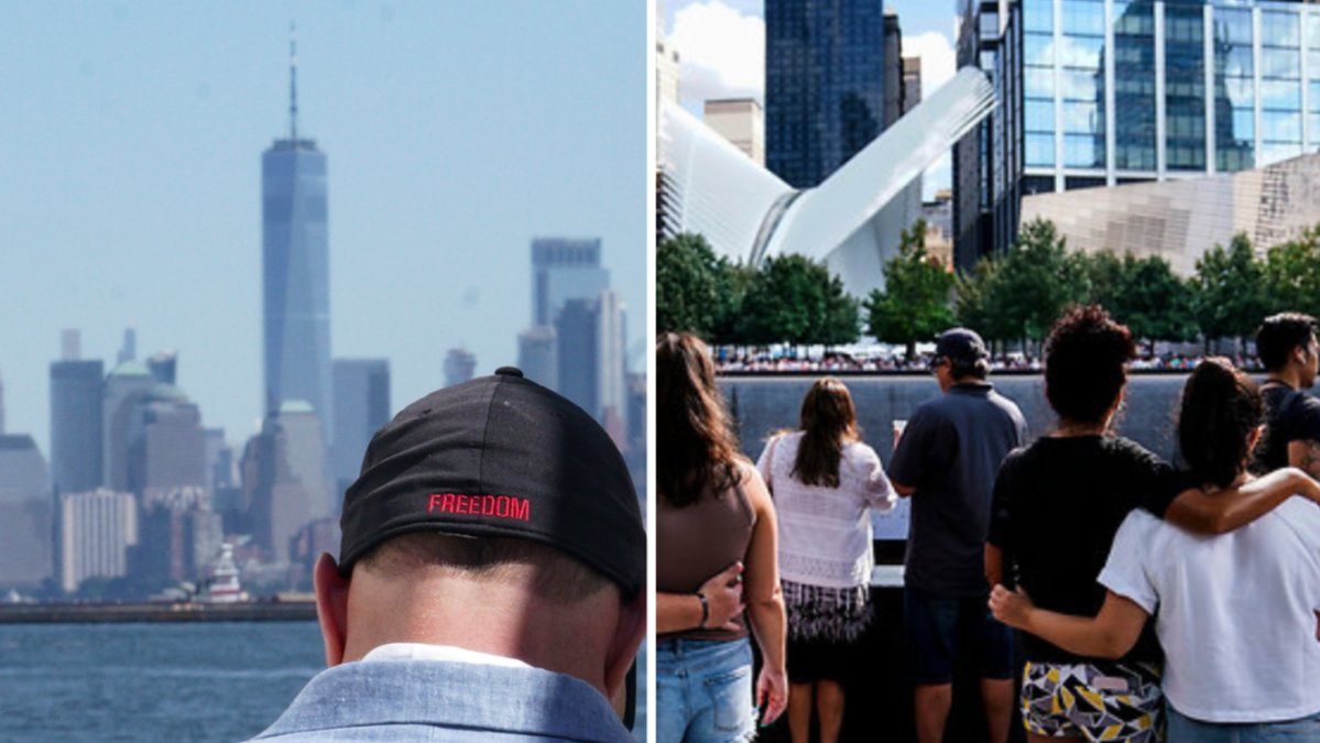 Människor samlade vid Ground Zero i New York 11 september 2021.