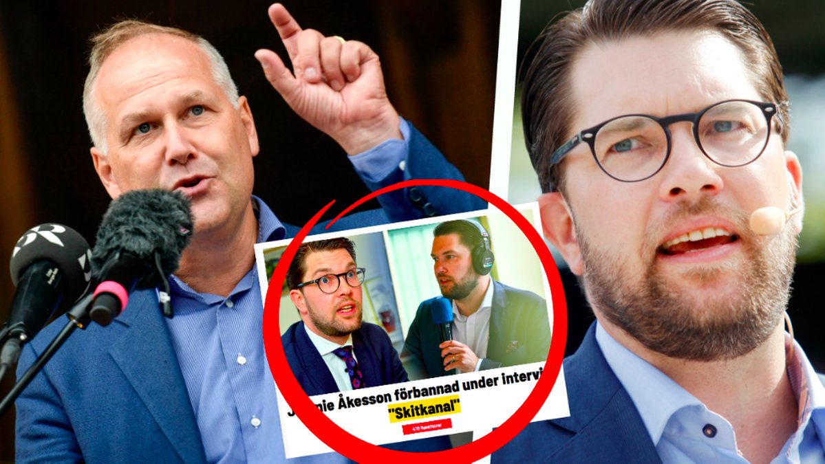 Kollage: Jonas Sjöstedt och Jimmie Åkesson. I mitten en inklippt skärmdump på artikel om Jimmie Åkesson. 