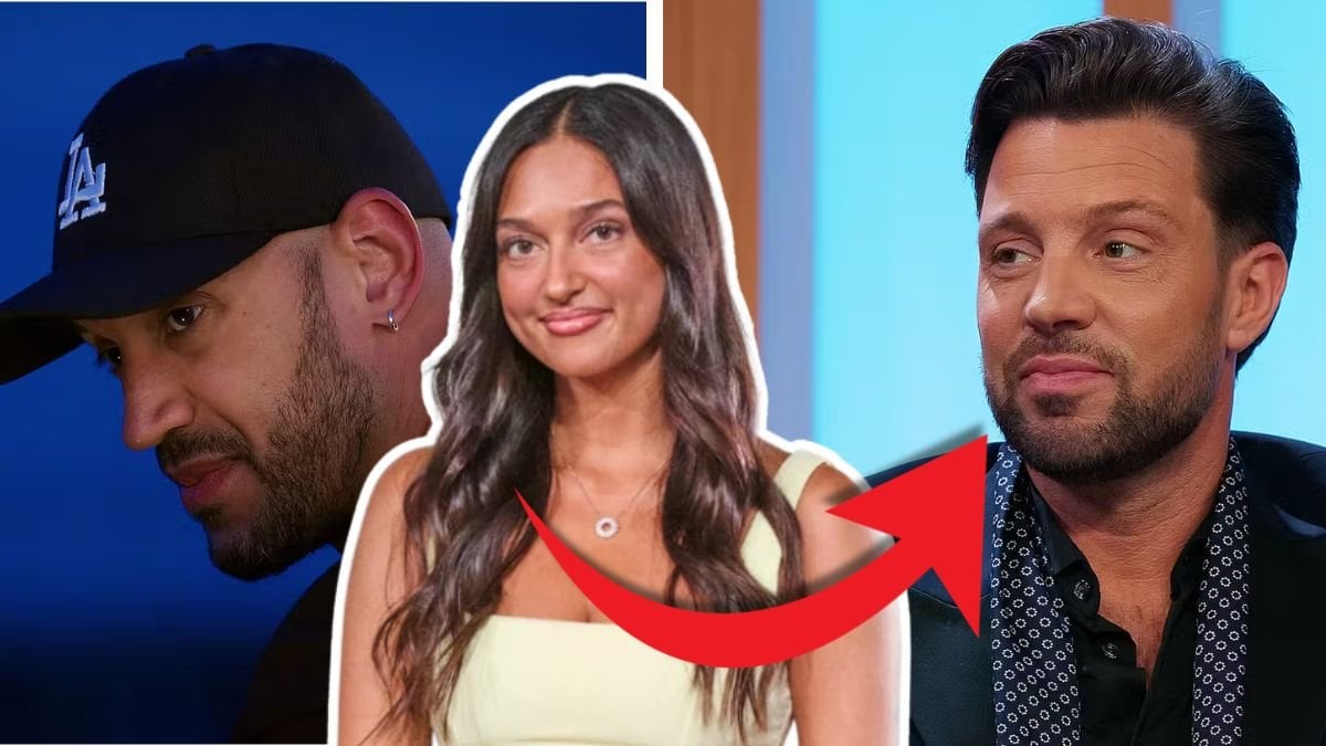 Aron Walker i keps och Angelica Karlsson och Daniel Fjäll på återträffen i Love is blind