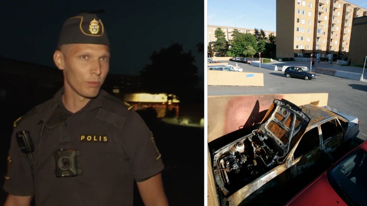 Polis och bränd bil. 