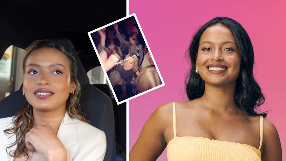 Emma Kihl under intervjun med Malin Norlander vänster. Pressbild på Emma till Love Island 2025 höger. Utklippt bild på Alice Stenlöfs TikTok i mitten.