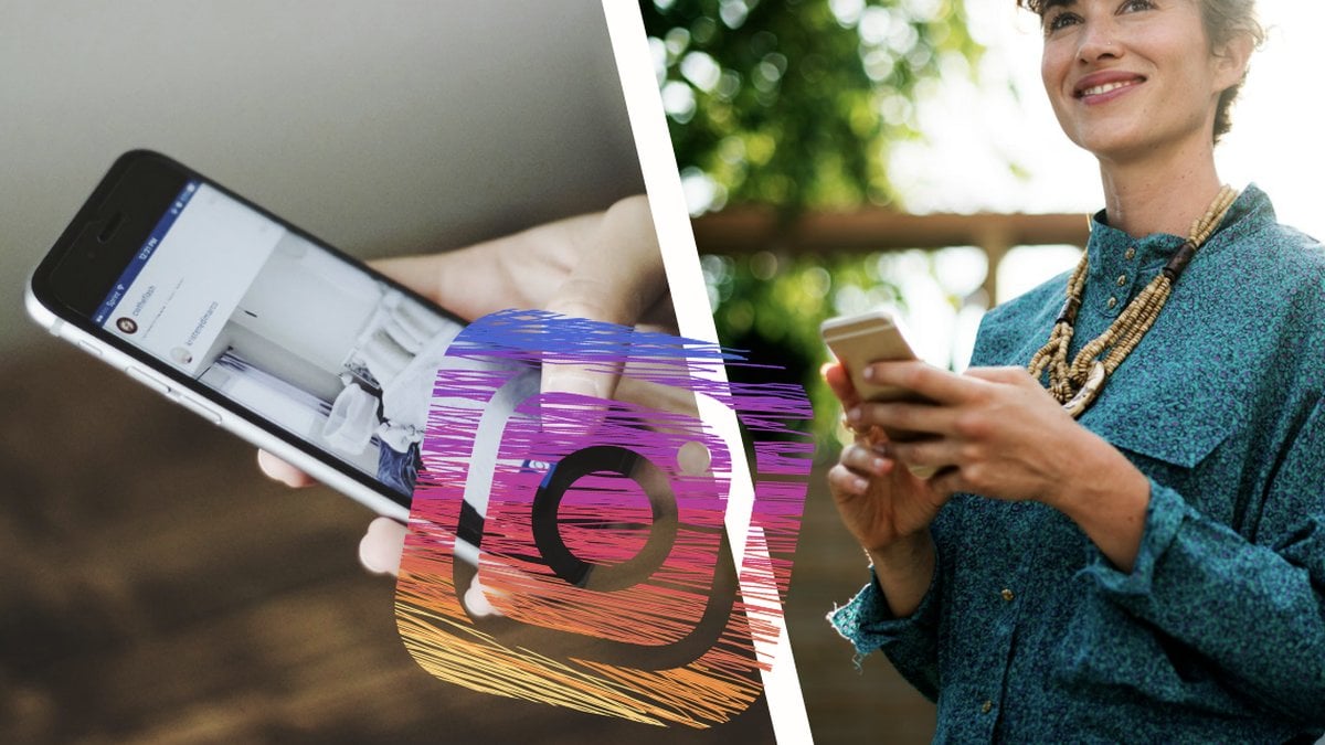 Kvinna med mobiltelefon kollar på Instagram