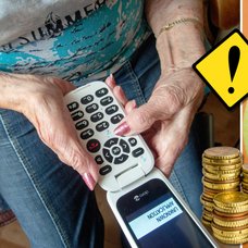 Pensionär med telefon och tårta.