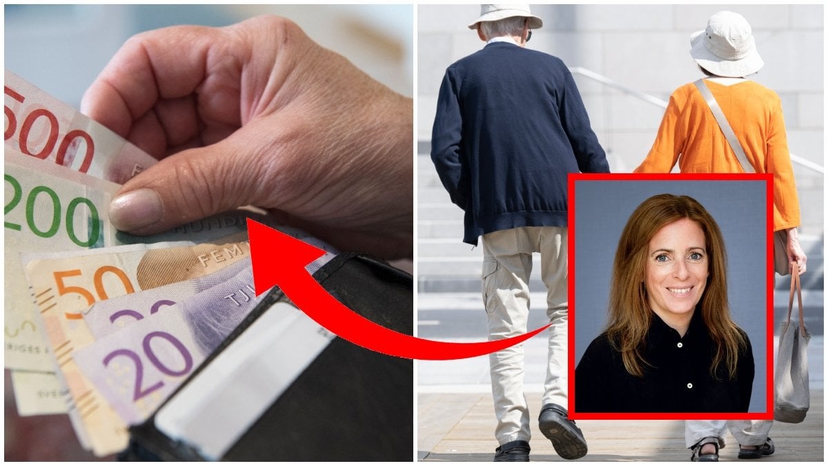En plånbok och ett par pensionärer som håller handen. 