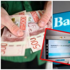 Person med femhundralappar i handen, Bankomat-skylt och en avstängd uttagsautomat