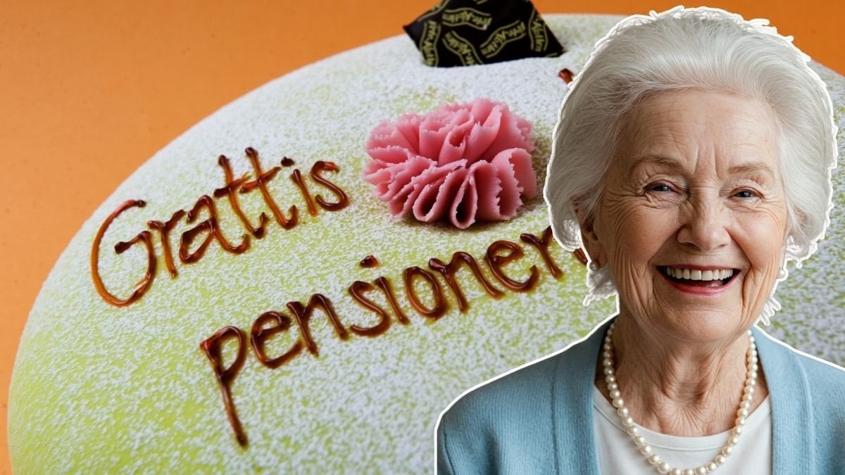 Tårta med texten Grattis till pensionen samt en äldre kvinna som är glad.