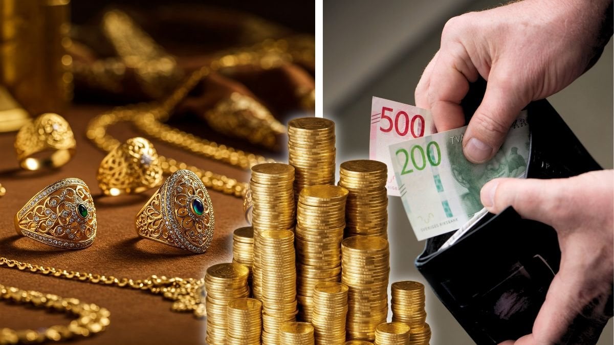 Guldsmycken och en svensk plånbok.