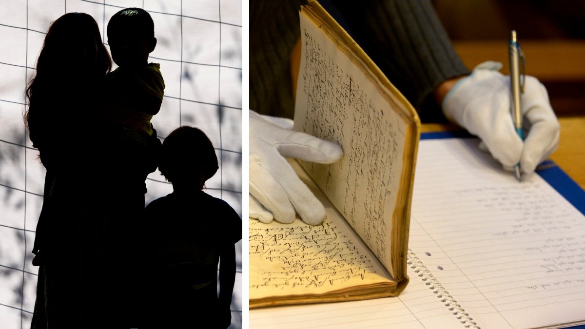 Bilden till höger föreställer siluetter av en kvinna och två barn. Bilden till höger visar händer iklädda handskar som bläddrar i en bok på Riksarkivet. 