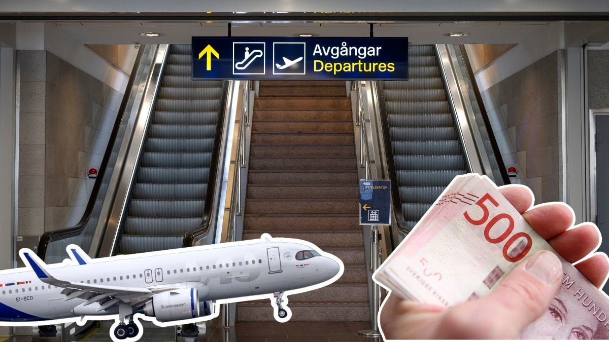 Arlanda, ett flyg som lyfter samt en hand med sedlar av valören 500 kronor.