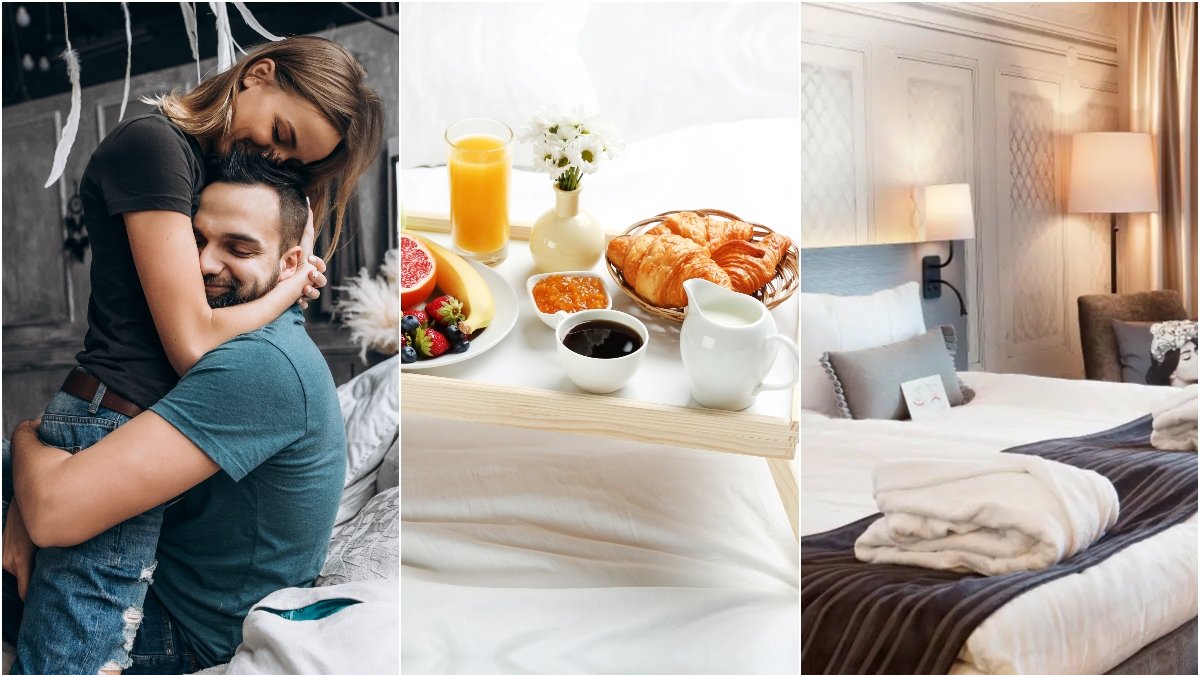 Förälskat par, frukost på sängen, hotellrum