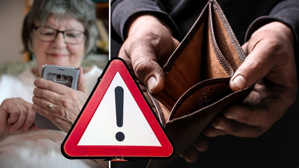 Kvinna med mobil, en varningstriangel och en tom plånbok.