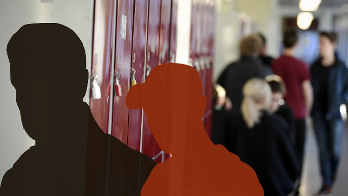 Två siluetter, skolkorridor