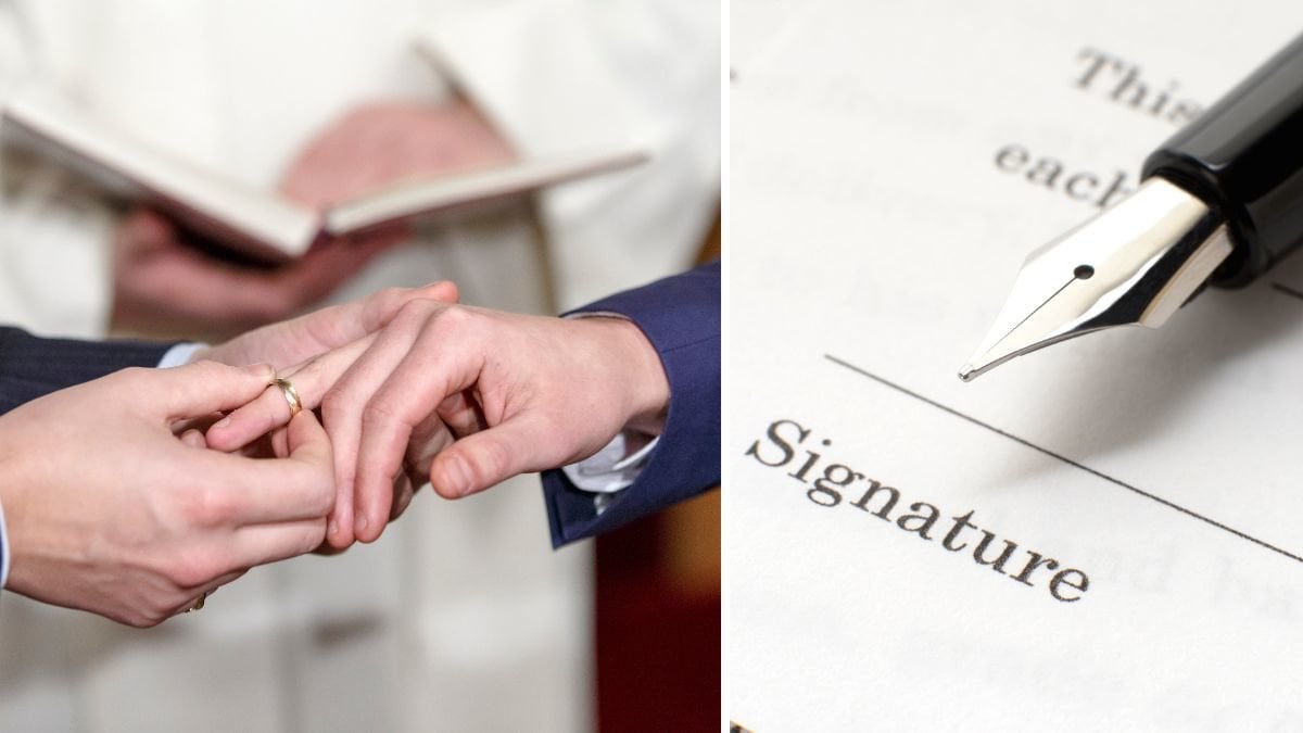 Äkta par och en blankett som ska signeras.