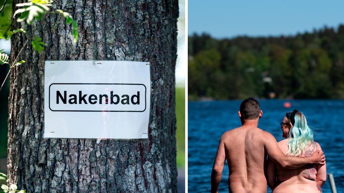 Bilder på en nakenbad-skyld och två som badar.