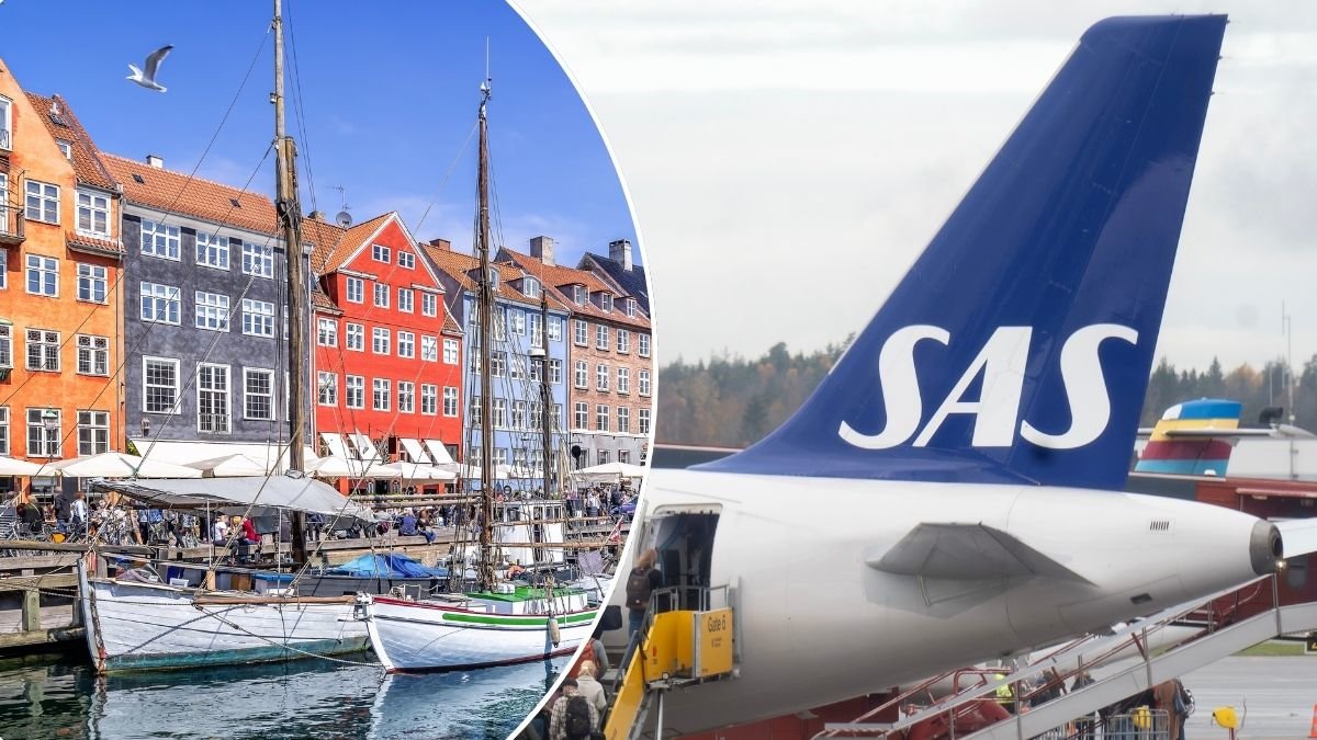 Bilder på Nyhavn i Köpenhamn och ett SAS-plan.