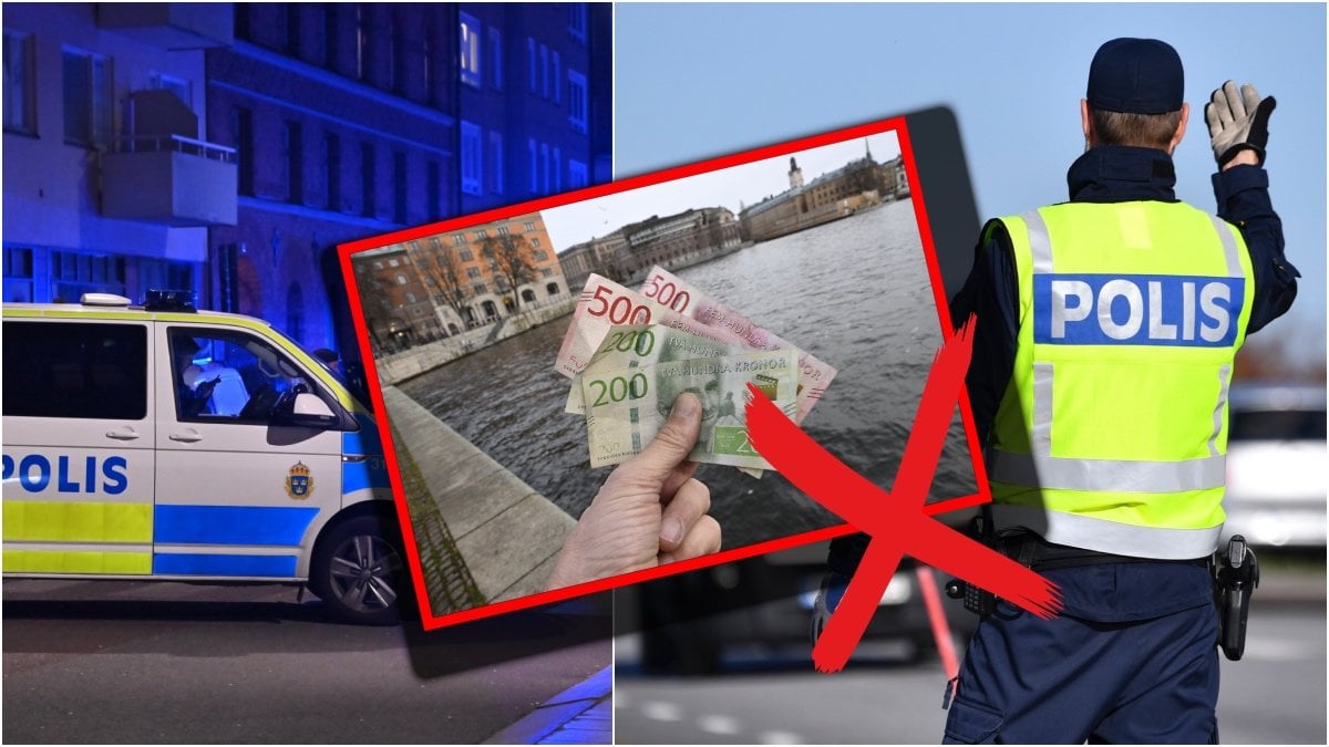 Genrebild på en polisbil, polisman och sedlar.