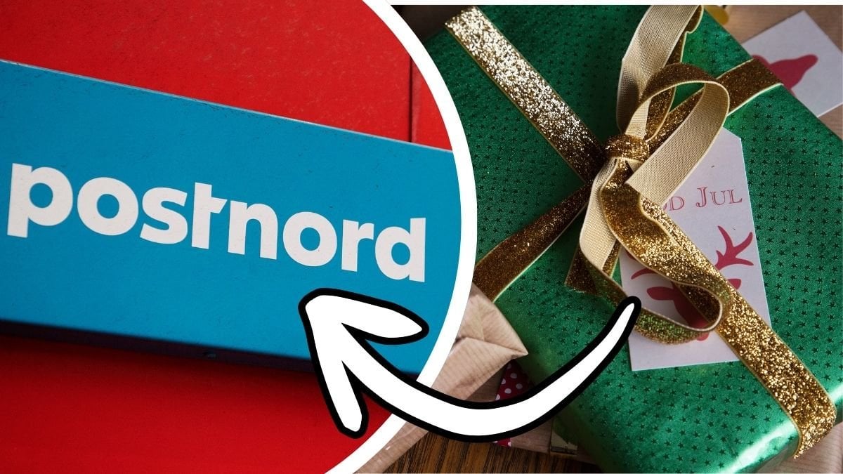 Postnord-skylt och en inslagen julklapp