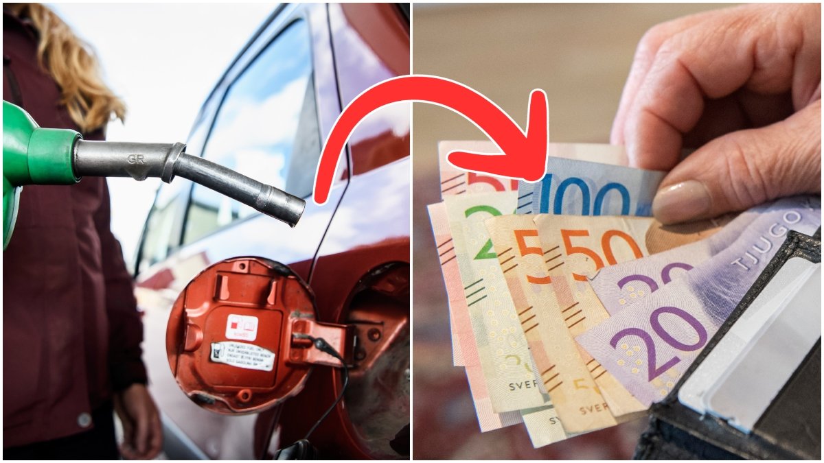 En kvinna tankar en bil och en plånbok fylld med svenska sedlar.
