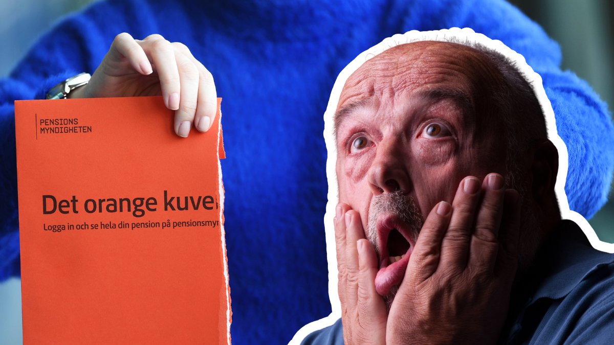 Ett upprivet oranget pensionsbrev i bakgrunden. En chockad äldre man som tittar upp utklippt till höger.