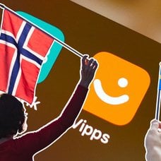 Vipps-appen, norsk flagga, svensk flagga och norska kronor.