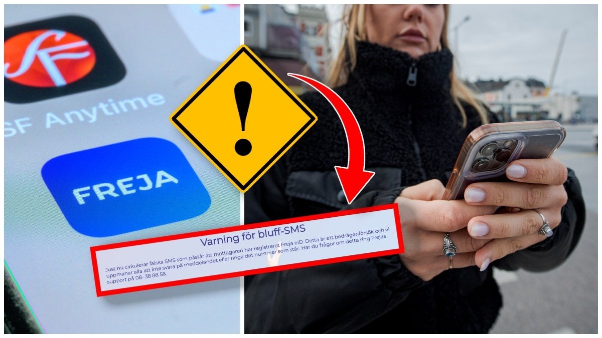 Freja-appen i en mobiltelefon och en kvinna med mobiltelefon