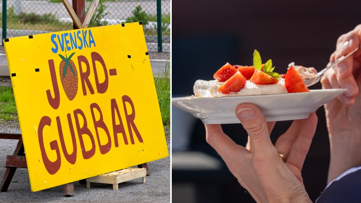 En skylt där det står svenska jordgubbar och en tallrik med jordgubbar som en kvinna äter ifrån.