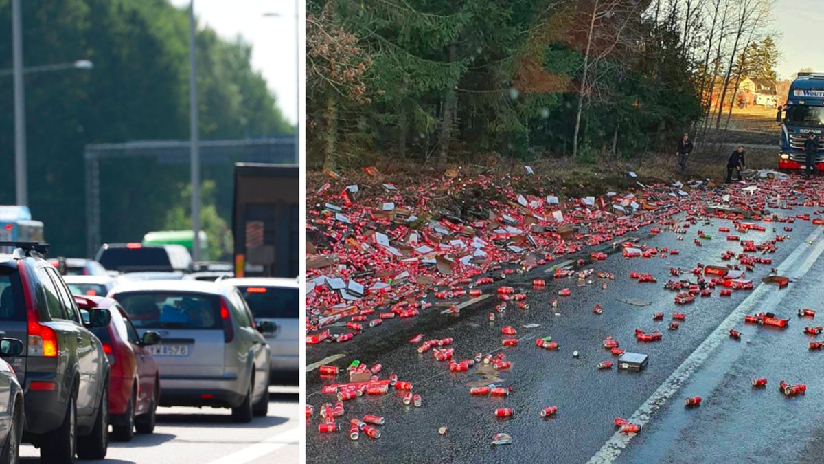Hundratals Coca-Cola-burkar täckte väg 44 under gårdagen.