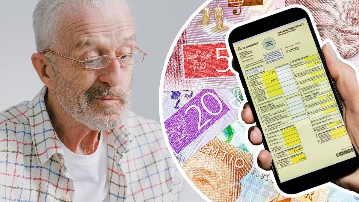 Äldre man, deklarationen i en mobiltelefon och sedlar