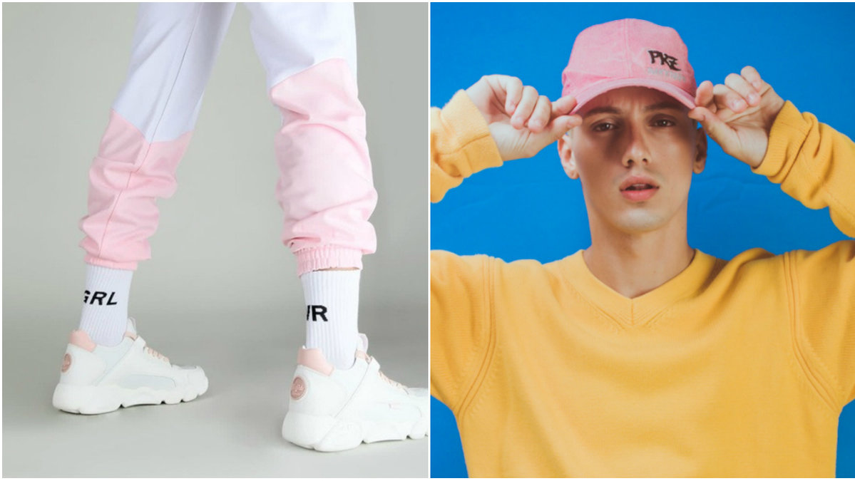 Chunky sneakers, rosa keps och gul tröja för herrar.