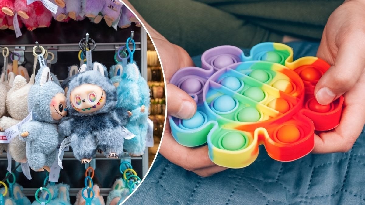 Bilder på en Fidget Toy och Labubus.