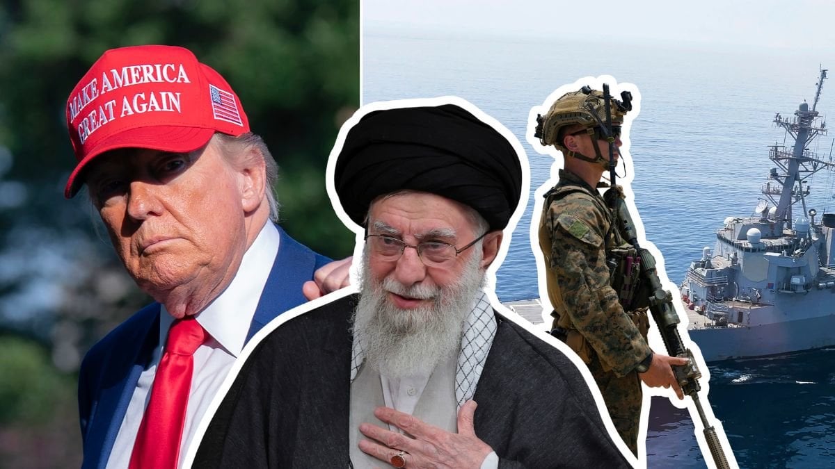 Trump, militär och Irans ledare Khamenei.