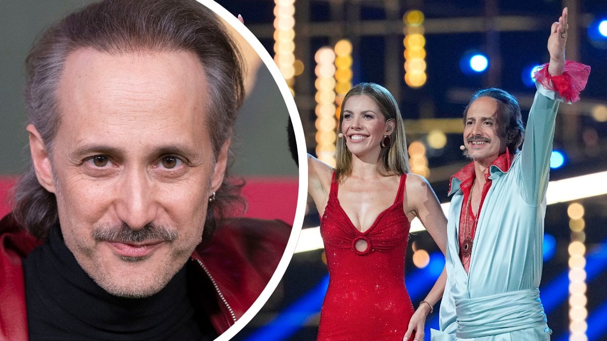 Närbild ​Michael Ostrowski vänster. Victoria Swarowski och ​Michael Ostrowski under semifinal 1 Eurovision till höger.